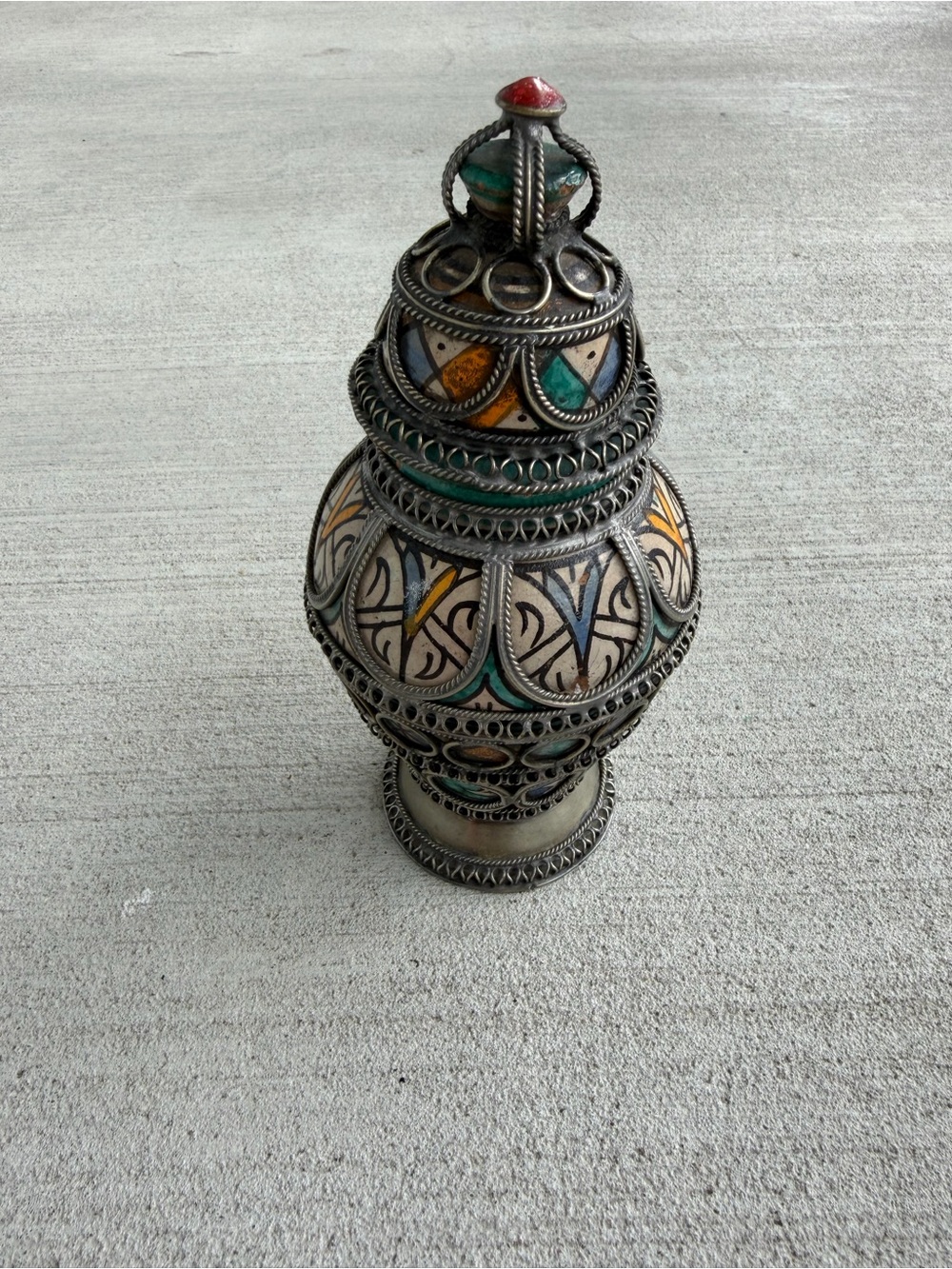 Vintage Moroccan Style Ceramic Lidded Urn Metal Filigree Boho Decor 8”